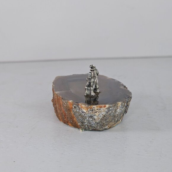 Agate Slice With Tiny Pewter Billy Goat Figurine - Picture 7 of 8